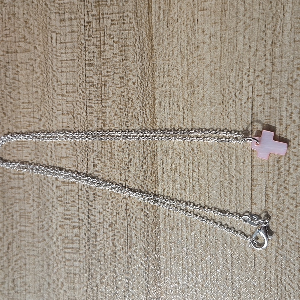 Silver Tone and Pink Shell Cross Pendant Necklace- Christian & Religious Dainty